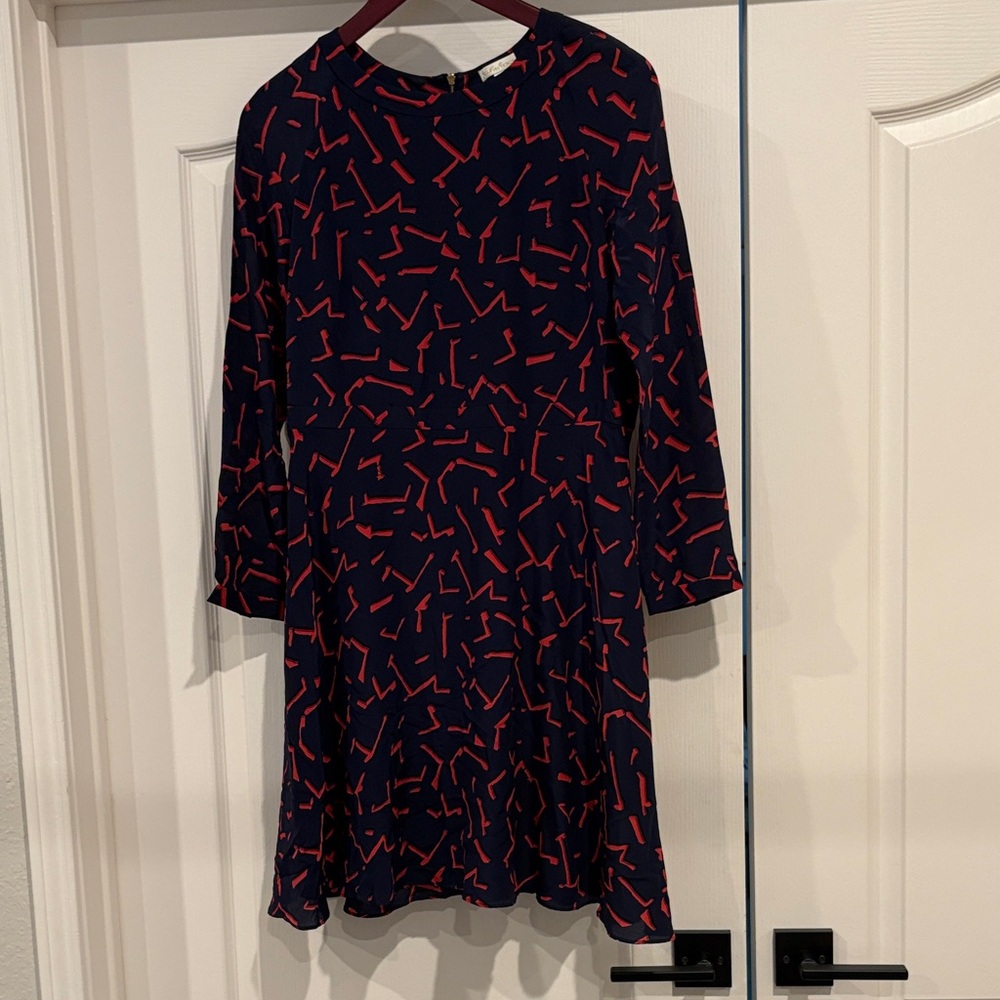 Shoshanna Silk Dark Blue and Red Patterned Midi Dress